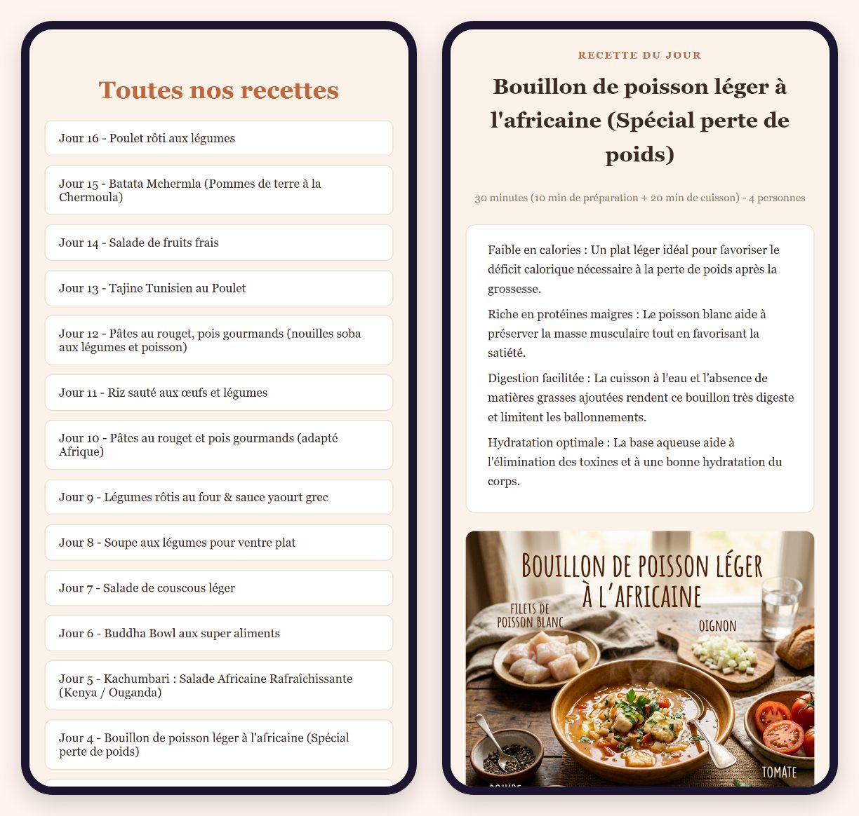 L'intérieur des recettes du jour : la liste et une recette ouverte