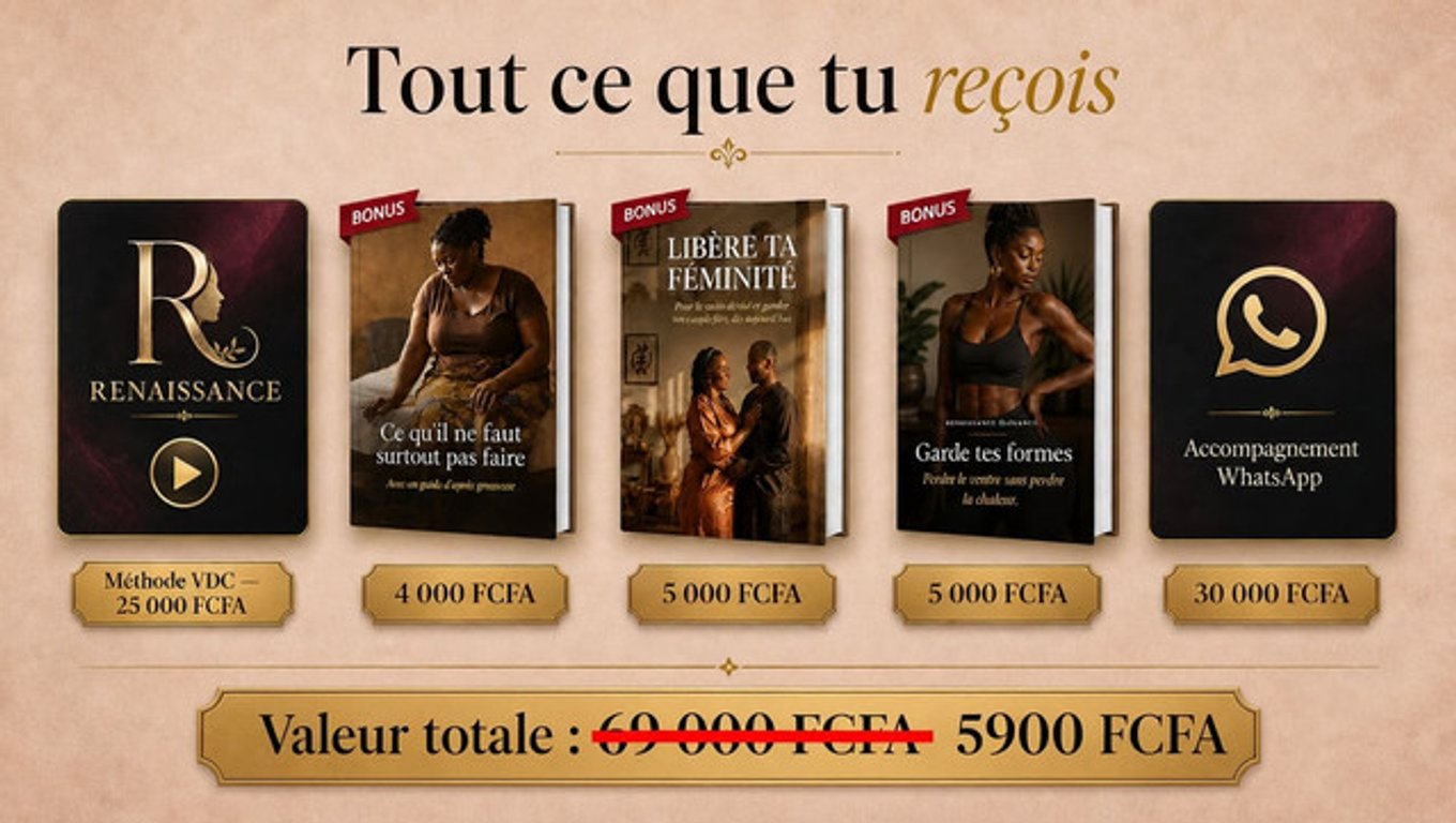 Tout ce que tu reçois avec Renaissance : valeur totale 69 000 FCFA, aujourd'hui 5 900 FCFA