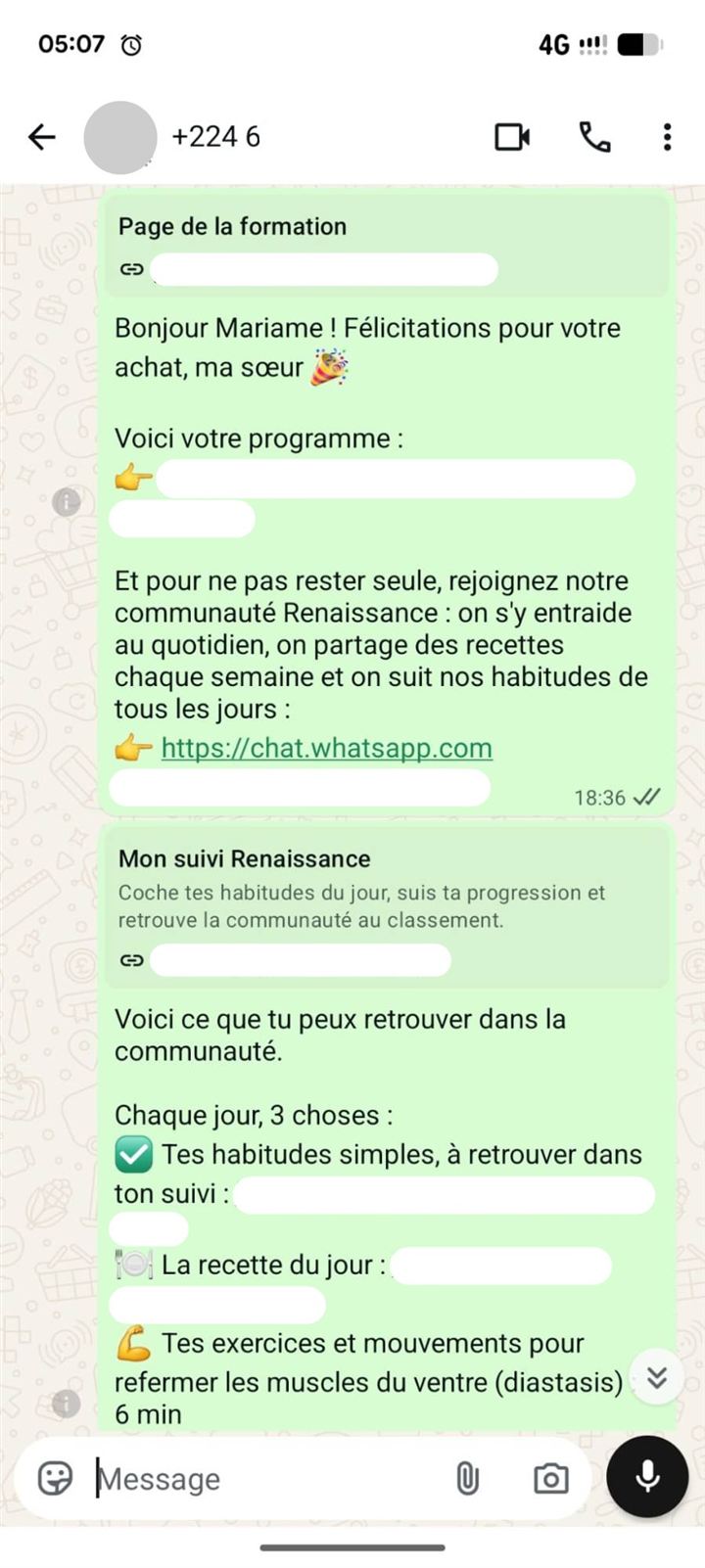 Le message que tu reçois sur WhatsApp juste après ton paiement