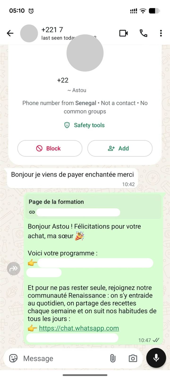 Une maman du Sénégal écrit : je viens de payer, enchantée, merci. Elle reçoit son accès.